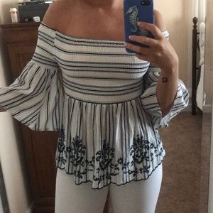 Off the shoulder, striped and embroidered top